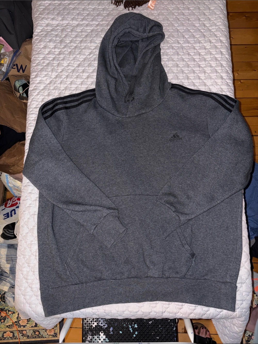 adidas Dark Gray Hooded Pullover Sweatshirt with Black Stripes